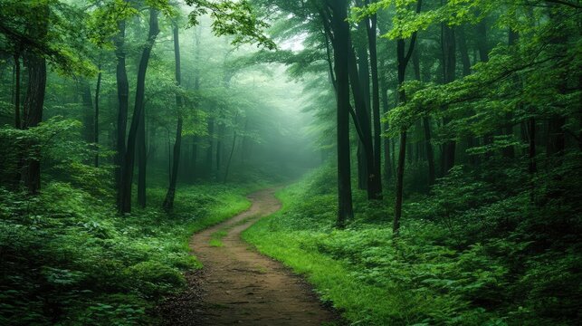 Dense forest with a lone path, symbolizing solitude and exploration