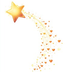 Obraz premium Golden star with a trail of hearts and sparkles, white isolate background.