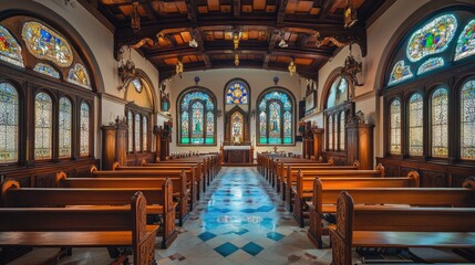 Obraz premium Ornate Church Interior with Stained Glass Windows