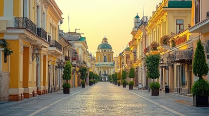 Fototapeta premium Sunlit cobblestone street lined with pastel buildings, leading to a grand dome.