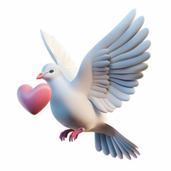 White dove holding heart symbolizing peace and love in flight