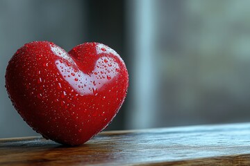 Fototapeta premium A bright red heart sitting alone on a wooden table, simple yet meaningful symbol