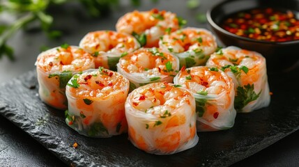 Grilled shrimp served over rice noodles with fresh herbs and spicy dipping sauce