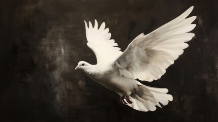 Obraz premium White dove flying in the dark.