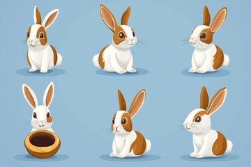 Fototapeta premium Four rabbits sit side by side, looking friendly