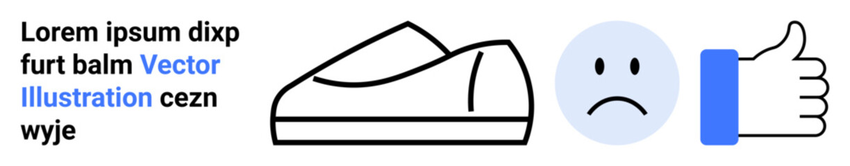 Fototapeta premium Casual shoe, sad face emoticon, thumbs up icon. Ideal for user feedback, reviews, satisfaction, product lifecycle, consumer behavior, evaluation, sentiment analysis. Landing page