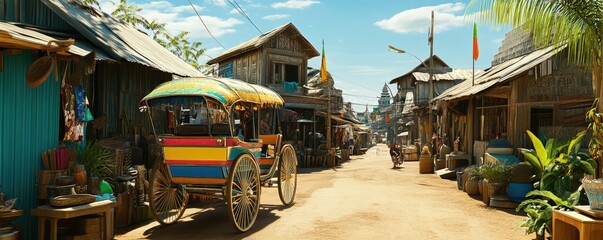 A vibrant street scene showcasing traditional carts and rustic buildings in a sunny environment.