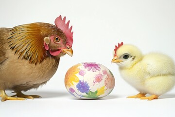 Fototapeta premium A mother hen stands next to her baby chick, a symbol of nurturing and protection
