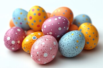 A collection of vibrant Easter eggs arranged on a clean white surface, perfect for decorating or as a prop in spring-themed scenes