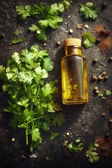 A bottle of olive oil sits next to a bunch of corian, perfect for a rustic kitchen or home decor