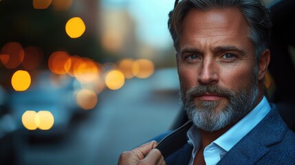 A businessman or executive type figure with a long beard and suit jacket