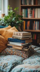 Cozy reading nook with bookshelves and decorative pillows in a rustic environment