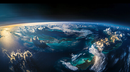 Fototapeta premium A panoramic vision of Earth, showing vibrant landscapes and clouds over vast oceans.