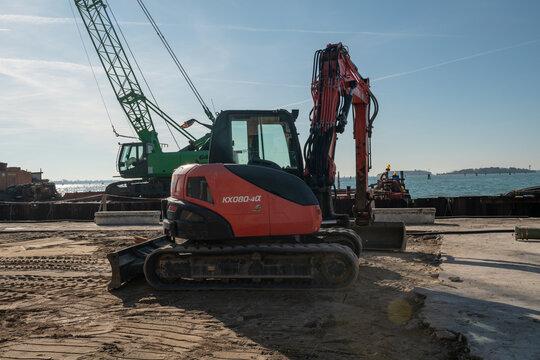 construction site renovation of the foundations on the banks in venice, the pavement of the pedestrian area is redeveloped by improving the urban furniture of the city. venice, italy november 18, 2024