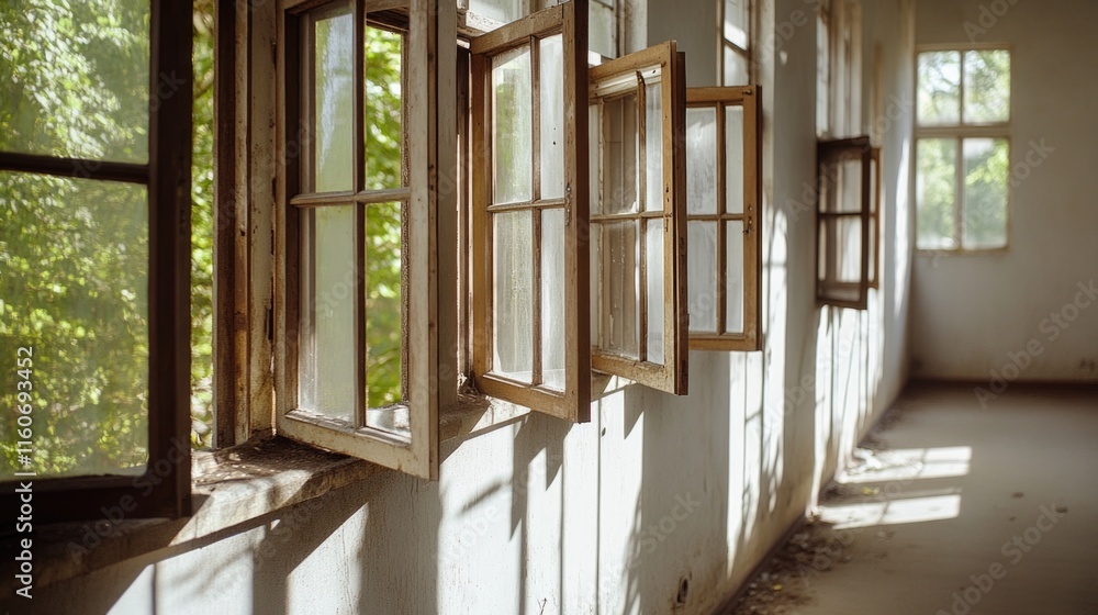 Poster a worn-out building with rows of old, rusty windows