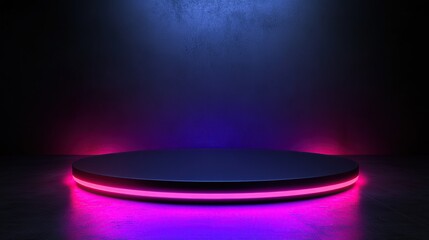 Podium stage with purple and blue neon lights for product display and presentations