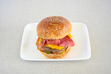Big tasty burger with beef cutlet on a plate. Hamburger, cheeseburger with mushroom. Hamburger, Mexica, mushroom double burger.  Crispy chicken burger. With french fries, patates kizartmasi.