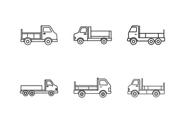 flatbed truck line art vector illustration, set of trucks
