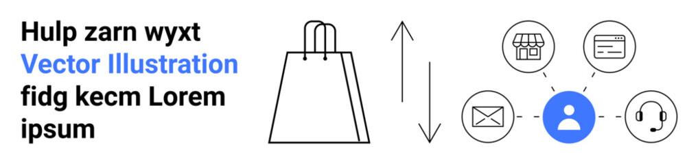 Shopping bag with double arrows, user profile icon connected to mail, headset, music, shop, and credit card symbols. Ideal for online shopping, customer service, retail communication e-commerce