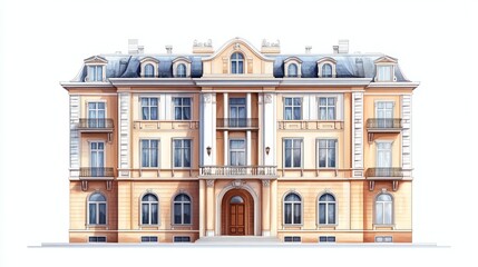 Fototapeta premium Grand classical building facade, three stories, pale yellow, with balconies and columns.