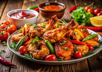 Fototapeta premium Delicious Grilled Chicken Wings, Roasted Chicken, and Shrimp Feast
