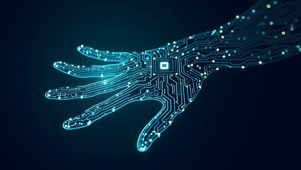 Digital Hand with Circuit Patterns, Highlighting Artificial Intelligence and Futuristic Technology in a Virtual Flow