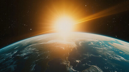 Fototapeta premium A peaceful view of Earth rotating slowly in space, with continents gradually moving into sunlight.