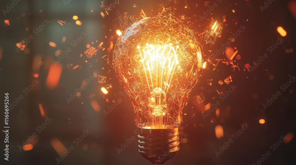 Poster illuminating ideas spark of creativity light bulb conceptual art studio environment close-up view in