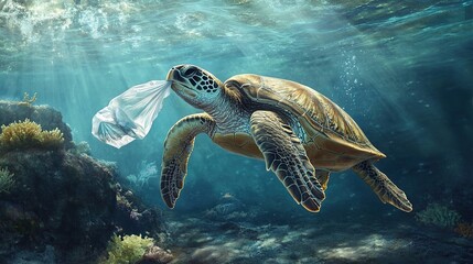 Obraz premium Turtles swimming underwater in the blue sea surrounded by plastic waste. The concept of environmental pollution that disrupts marine life.