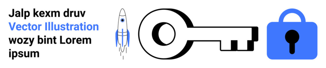 Large black key, blue padlock and small rocket illustration alongside placeholder text. Ideal for security, exploration, technology, access control, innovation, startup themes. Banner for landing