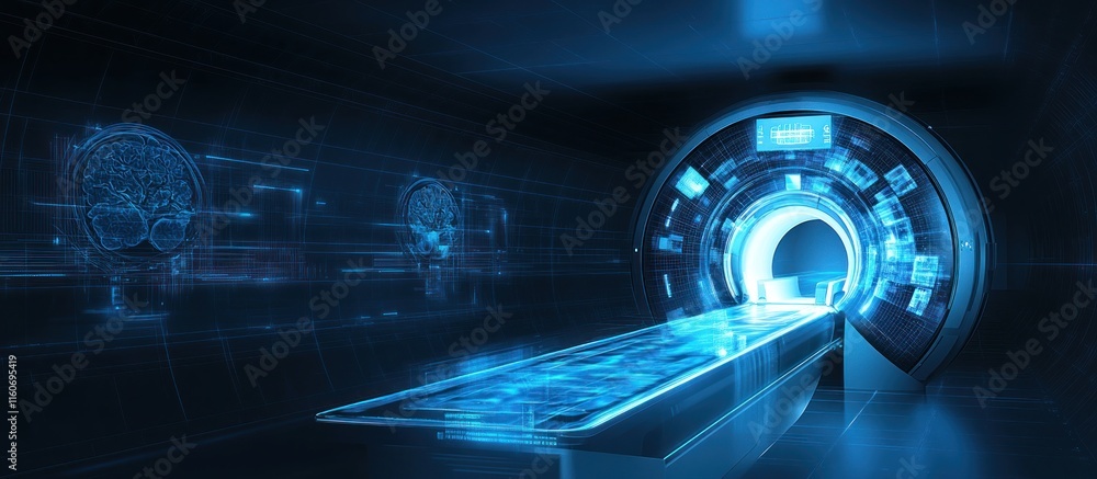 Poster futuristic mri scan with digital brain interface.