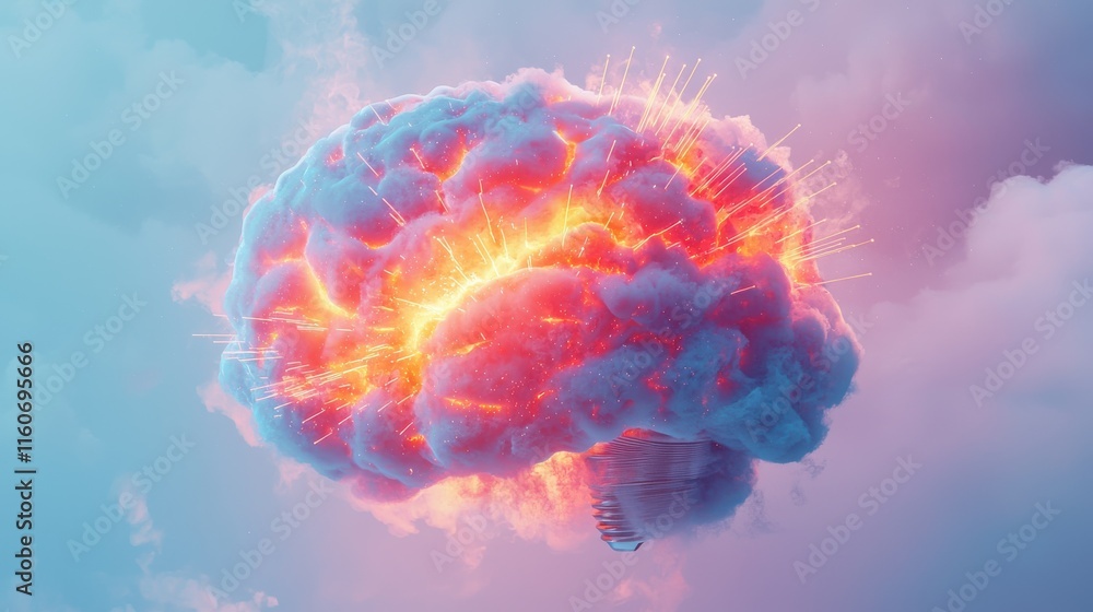 Poster exploding ideas creative brainstorming session in a dreamlike environment with vivid cloud imagery