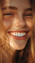 Fototapeta premium A close-up of a joyful woman smiling widely showing her teeth, expressing happiness and laughter