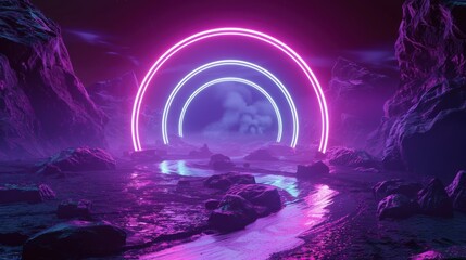 Obraz premium Neon rings illuminating alien landscape.