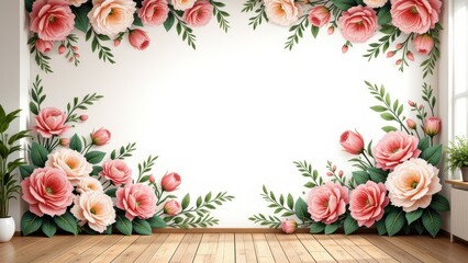 Vibrant pink and white florals adorn a crisp white wall, set against warm wooden flooring with a natural, rustic charm