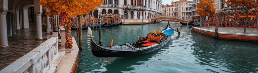 A picturesque scene of a gondola on a serene canal in Venice, surrounded by autumn foliage.