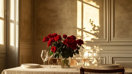 A minimalist dining area featuring a beige linen tablecloth, a bouquet of red roses, and a textured wall with elegant molding.