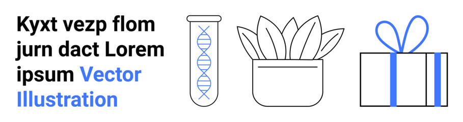 Test tube with DNA helix, potted plant, and wrapped gift with ribbon. Ideal for science research, biology, nature conservation, gift-giving, celebrations education business growth. Landing page