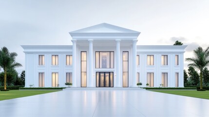 Modern white mansion with columns and landscaped surroundings.
