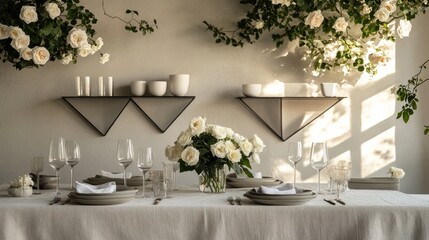 A modern dining setup with a textured linen tablecloth, white roses, and a wall decorated with geometric shelving.