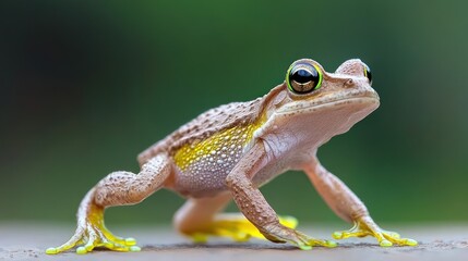 Obraz premium A close-up of a frog with vibrant yellow feet and a curious expression.