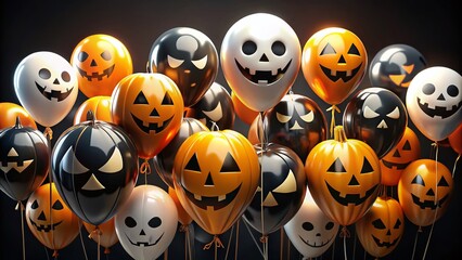 Obraz premium Eerie Halloween balloons, black and orange, in dim light.