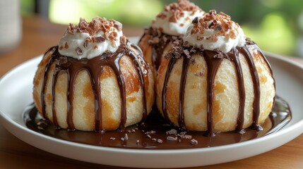 Three delicious pastries topped with whipped cream, chocolate sauce, and chocolate shavings.