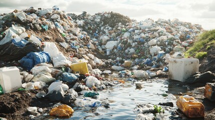 A large landfill site filled with various types of waste and debris under a cloudy sky.