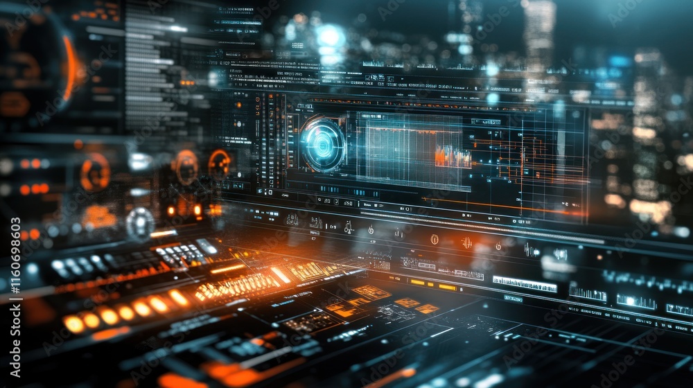 Aufkleber futuristic digital interface with data visualization and city background.