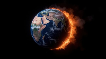 Fototapeta premium A smoldering Earth globe ablaze against a stark black backdrop, with fiery embers engulfing its surface as a blazing sun sets to its right