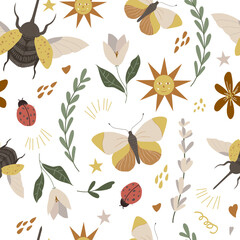 Obraz premium Vector illustration of a detailed black beetle with outstretched wings among colorful butterflies and elegant flowers. Bright, stylized insects and botanical elements. Children's seamless pattern with