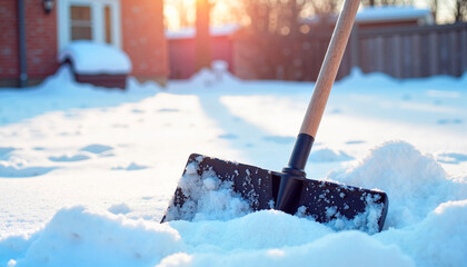 Snow shovel in winter yard at sunset
