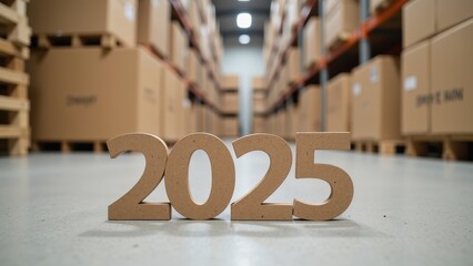 "Bold wooden numerals '2025' stand out against a blurred industrial backdrop, emblazoned on a gritty concrete warehouse floor."