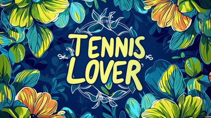 Tropical floral background with hand drawn lettering TENNIS LOVER.  illustration.